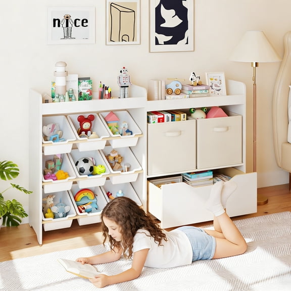 JOYLDIAS Kids 4 Tier Bookshelf Storage Organizer with 9 Box Bins, 3 Drawers, 2 Open Cubbies & Storage Bins, Hidden Wheels