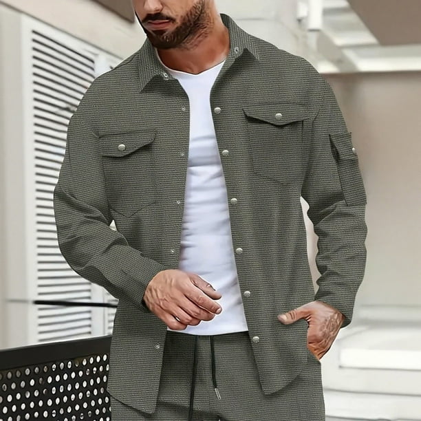 pstuiky manga larga para hombre, Chaqueta tipo cárdigan de manga larga con solapa y botones, color liso, para hombre, con múltiples bolsillos Tops de hombre s