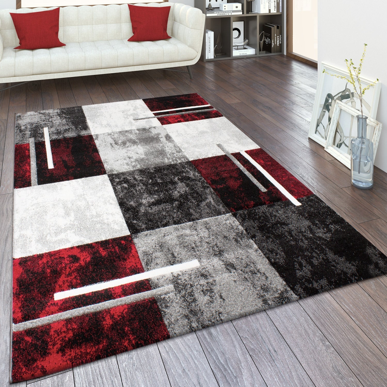 Paco Home Modern Designer Area Rug Checkered with Contour Cut GreyRed