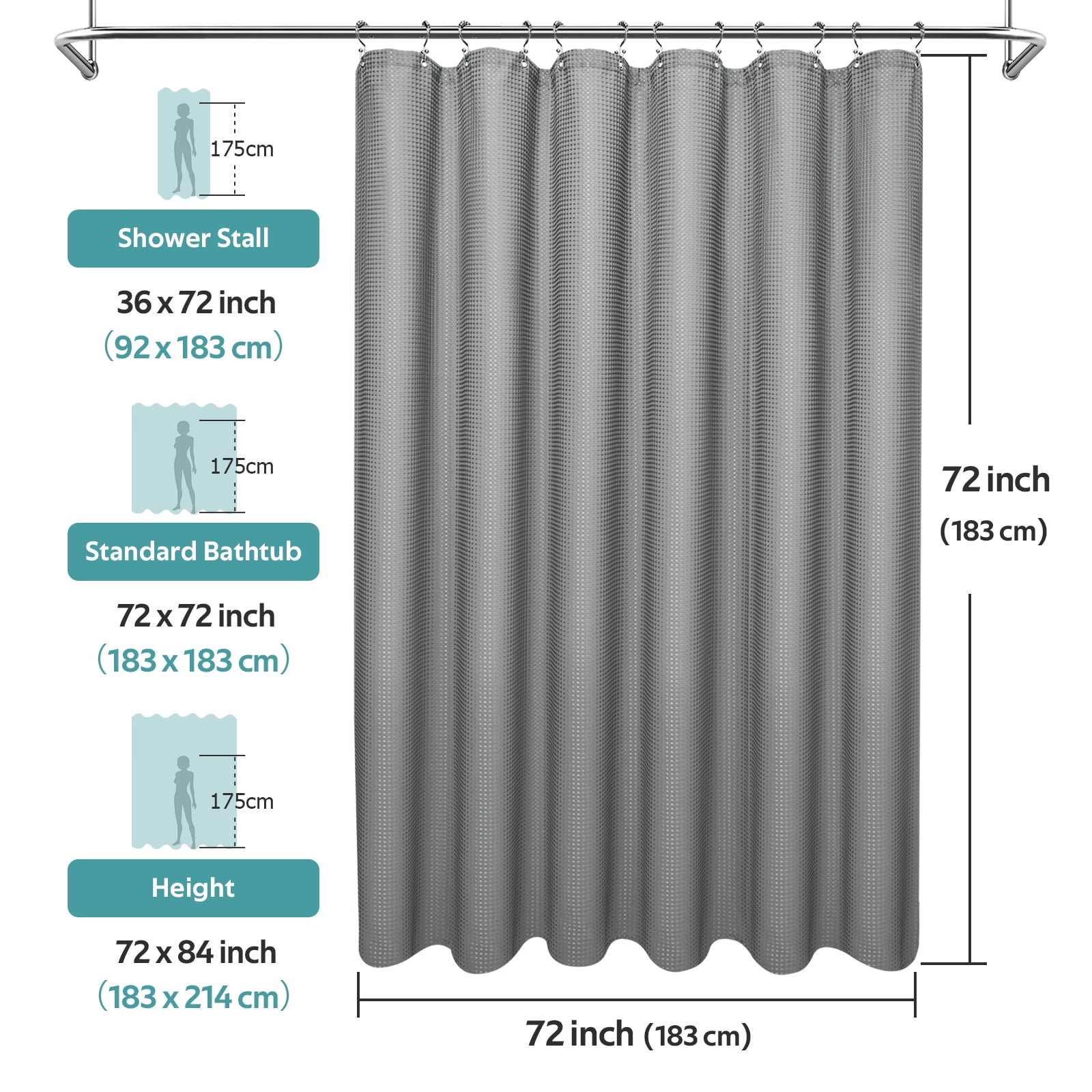 Cocosity Waffle Textured Polyester Fabric Heavy Duty Shower Curtains & Liners & Hooks - Gray 72"x72"