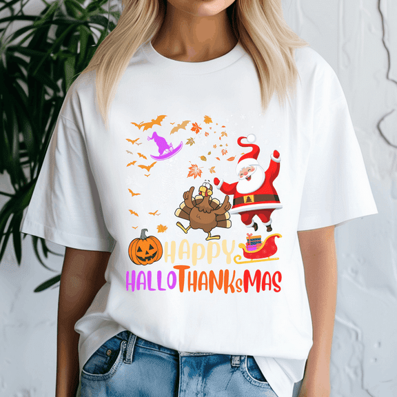 Happy Hallothanksmas Shirt, Skeleton Pumpkin Tshirt, Turkey Santa Dancing