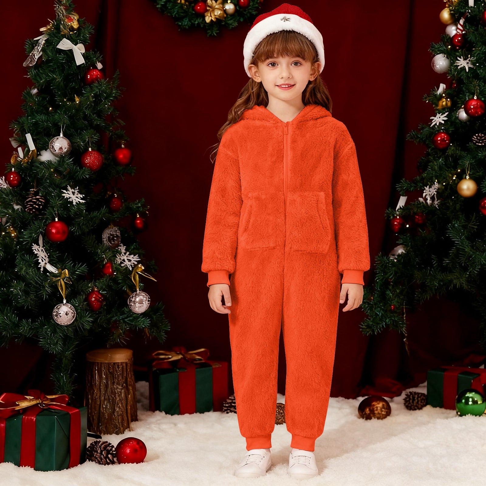 Tiweut Kids Onesie Pajamas Jumpsuit Boys Girls Warm Sherpa Lined Romper Zipper Hooded Cute Playsuit Sleepwear,Orange,6Y