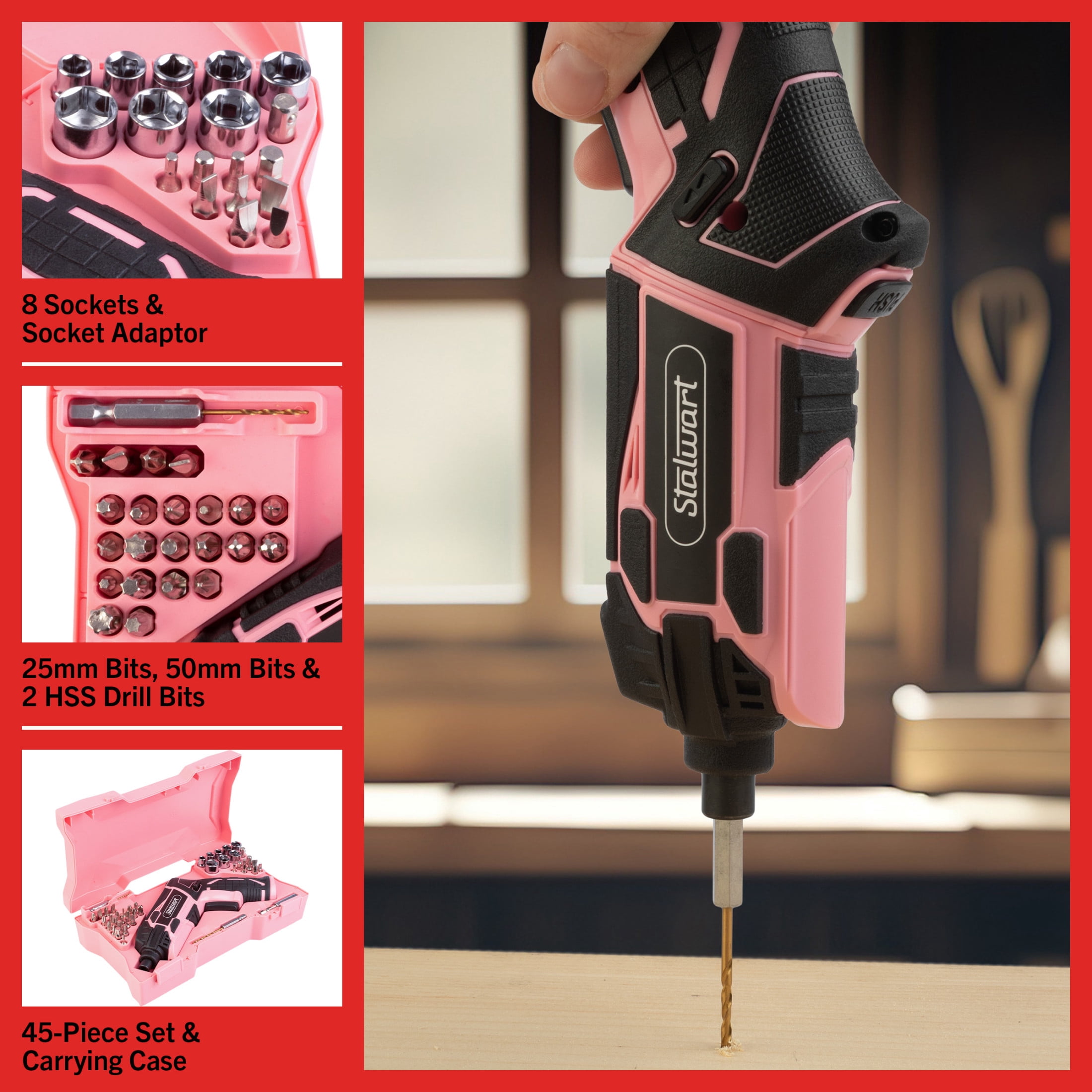 Stalwart Cordless Electric Screwdriver 45pc Set with 2 Position Grip, Pink