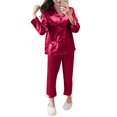 thumbnail image 2 of Fairnull 2Pcs Femmes Automne Couleur Unie Imitation Soie Chemise à Manches Longues Pantalon Pyjama Ensemble, 2 of 8