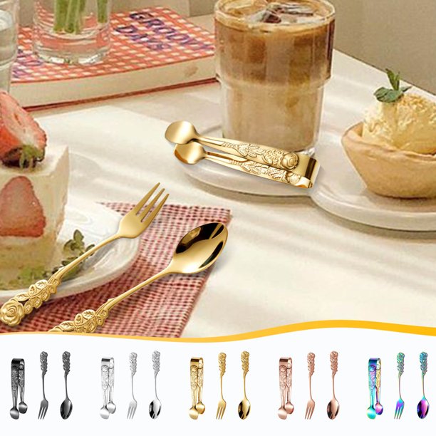 mfyjkho Cuchara de acero inoxidable con forma de rosa para hielo, juego de tenedores, cuchara de café con diseño vintage, pinzas para azúcar, tenedor de postre para servir y comer.