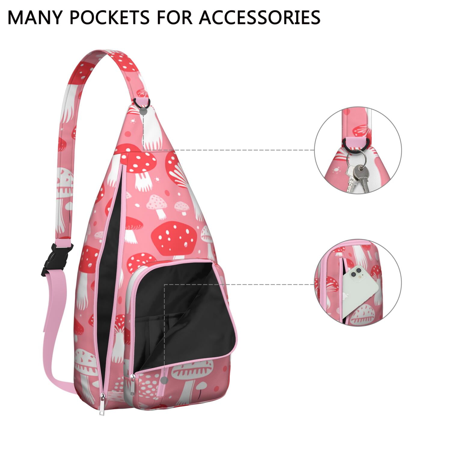 Boho Mushroom Sling Bag for Women - Vintage Floral Print, Adjustable Strap, Water-Resistant Crossbody Chest Bag (19.9×9.4×3.0inch)