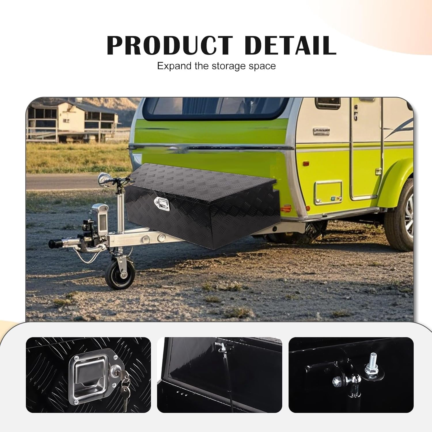 Trailer Tongue Tool Box, Aluminum Trailer Tool Box with Lock and 2 Keys, Heavy Duty Trailer Storage Box for Pickup Truck Bed, Black