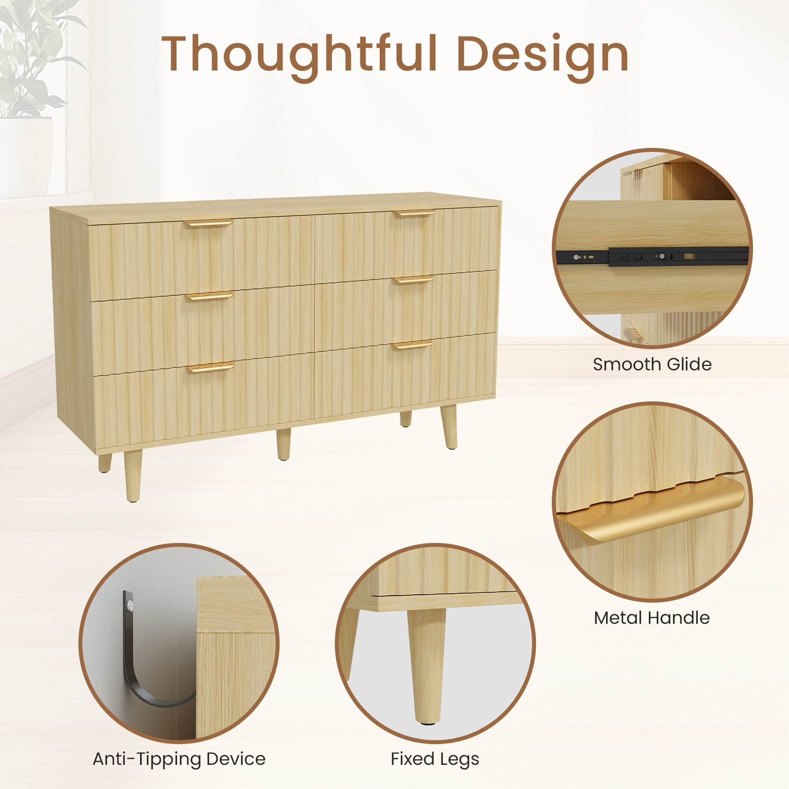 Hommoo 6 Drawer Dresser 47.24"W Storage Cabinet Credenza, Fluted Wooden Chest of Drawers for Home, Entrance, Natural