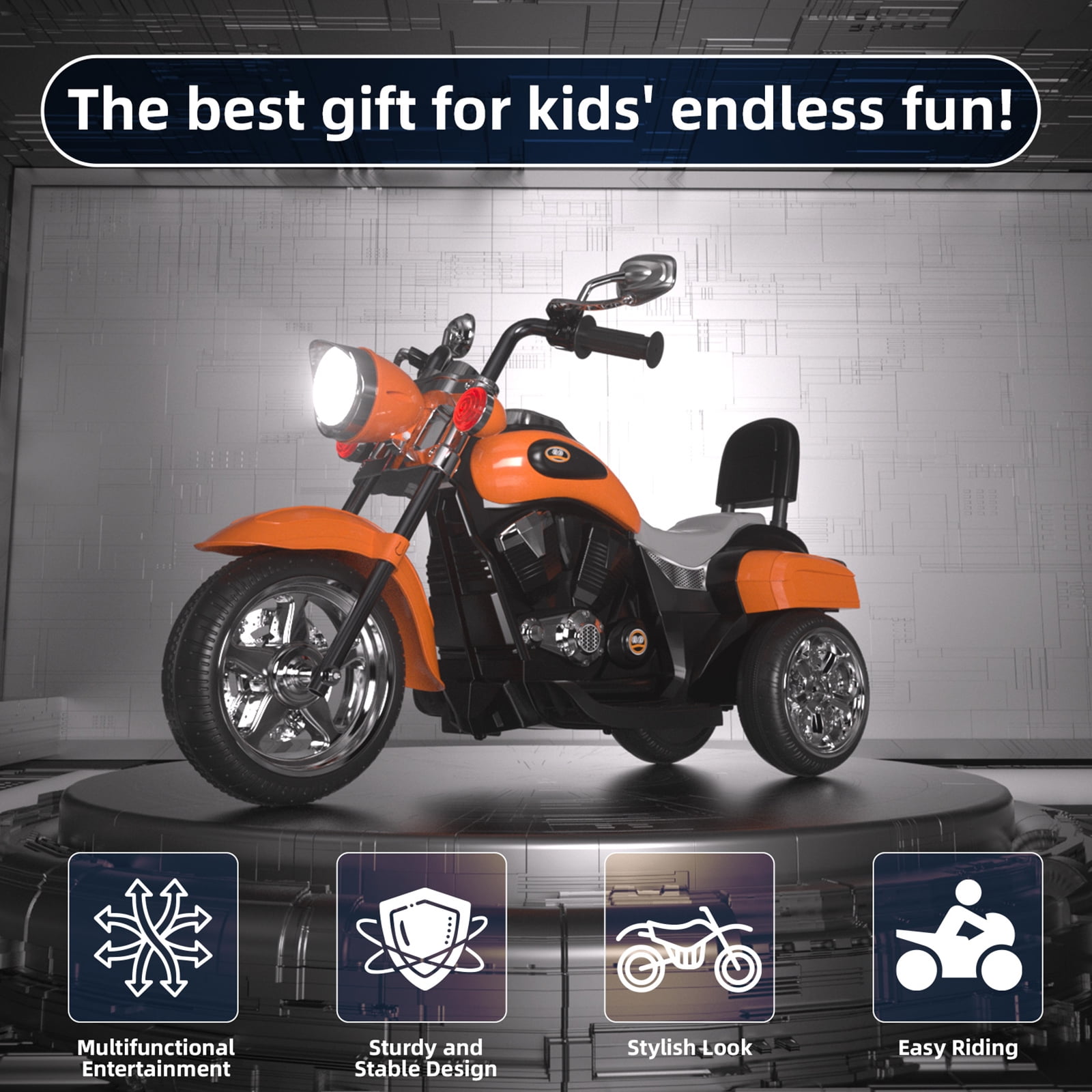 GLAF Kids Motorcycle for Boys & Girls Ages 3-6, 6V Battery Powered Electric Motorbike, 3 Wheels Ride on Toys with LED Lights, Bluetooth Music, Orange