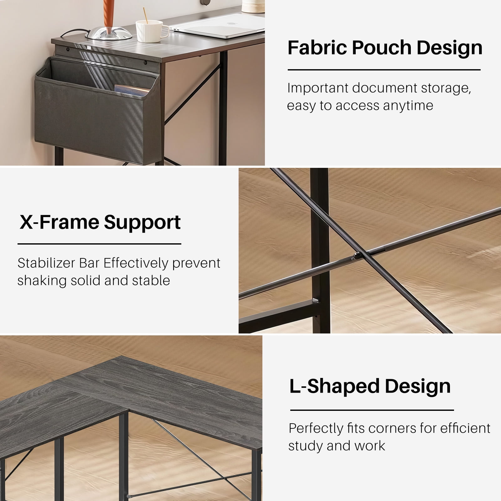 TINKLE WELL 50-inch L-Shaped Computer Desks, Corner Gaming Table with Wooden Desktop, Reversible Design, CPU Stand and Side Bag for Home Office, Study, Gray