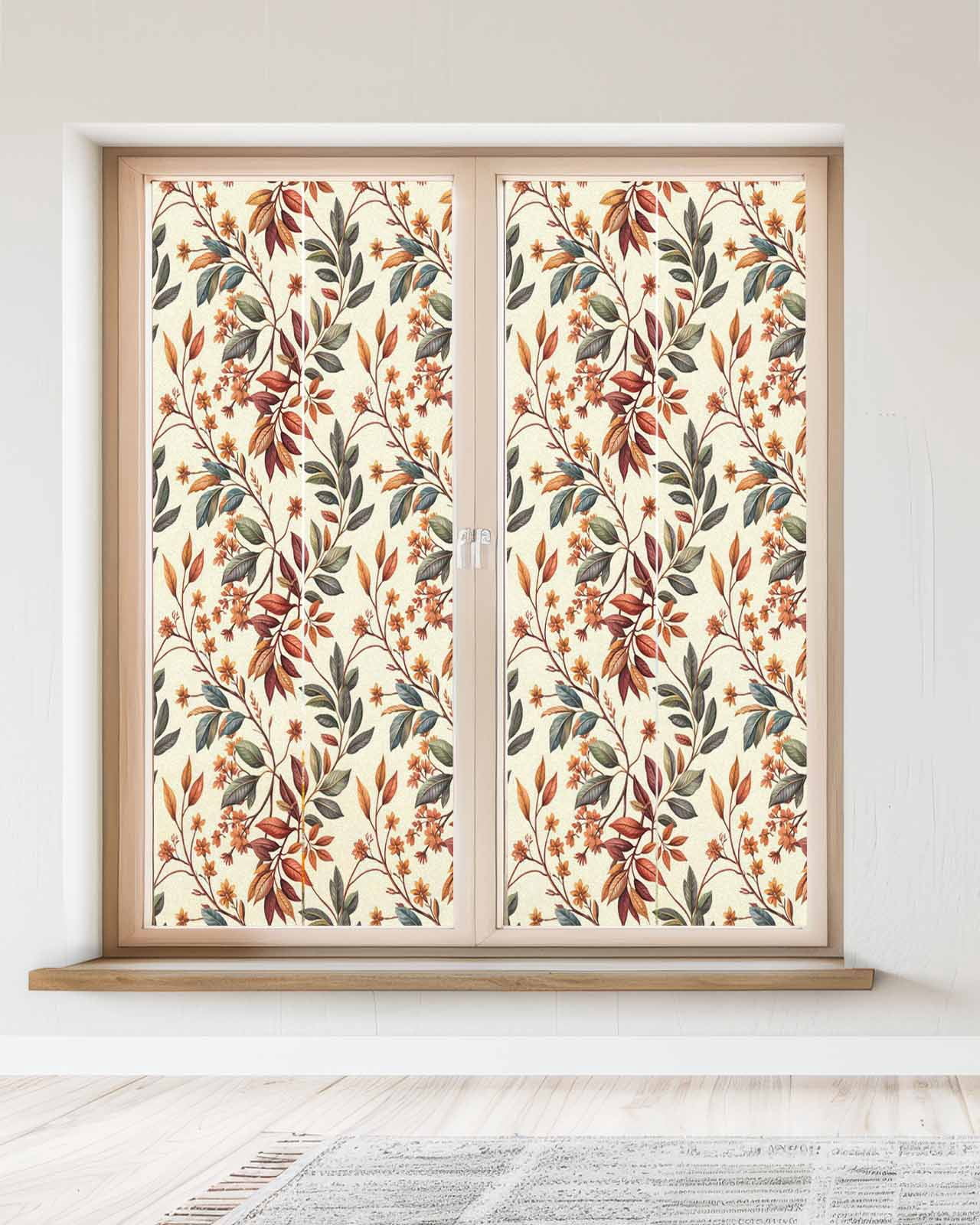 Window Privacy Film Fall Leaves Stained Glass Window Film Decorative Sun Block Window Cover Farmhouse Beige Botanical Branch Window Clings Static Adhesive Sticker for Bathroom 23.6"x59"