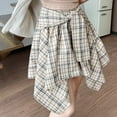 thumbnail image 2 of BUYISI Retro Gyaru Women Irregular Plaid Skirt High waist Shirt Pleated skirt Apricot XL, 2 of 7