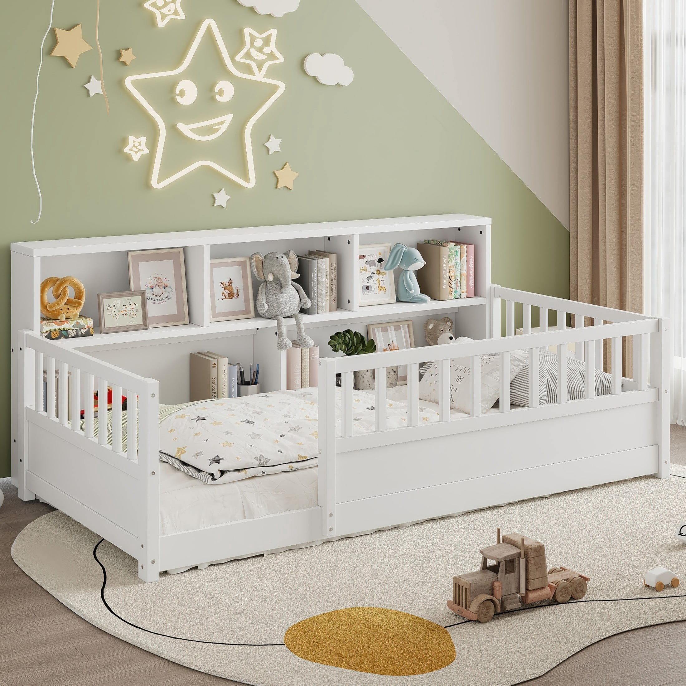 Noble House Twin Size Montessori Floor Bed with Fence Guardrails and Side Storage Shelf, White