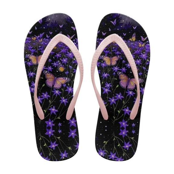 POLERO Purple Butterfly Floral Flip Flops for Women Non-Slip Rubber Sole Comfortable Thong Sandals
