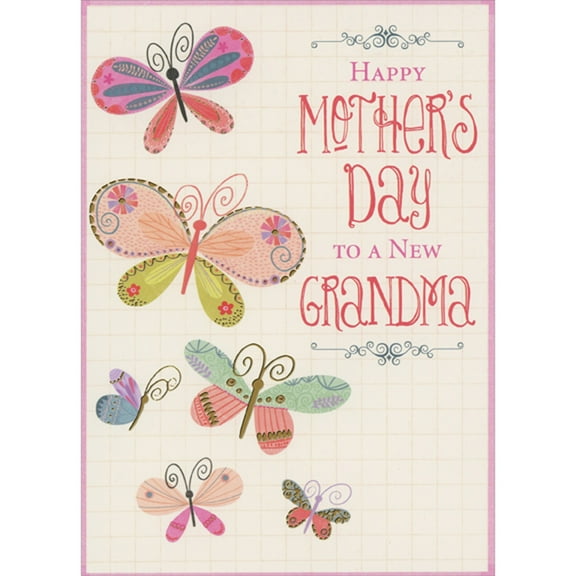 Designer Greetings Colorful Pink, Green, Blue and Red Butterflies with Gold Foil Accents 1st / First Mother's Day Card for New Grandma