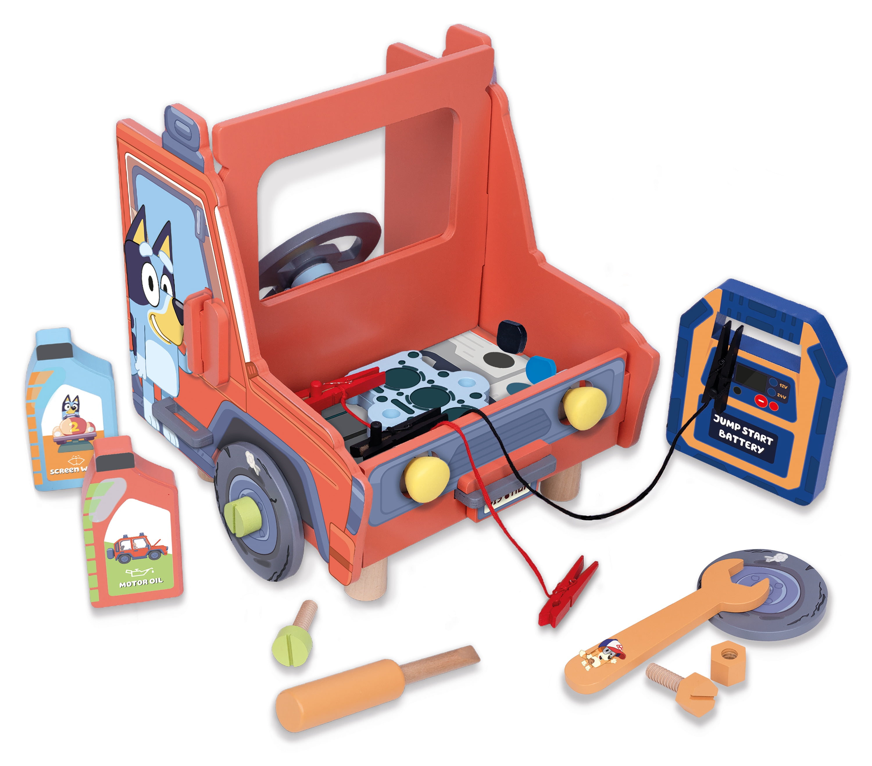 Bluey Wooden Mechanic Tabletop Playset, Build the Car and Repair the Engine, Includes 22 pieces, Ages 3+