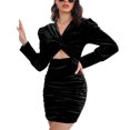 thumbnail image 1 of Terciopelo plisado vestido puff manga Kink mujeres vestido V cuello damas manga larga vestido negro XL, 1 of 6