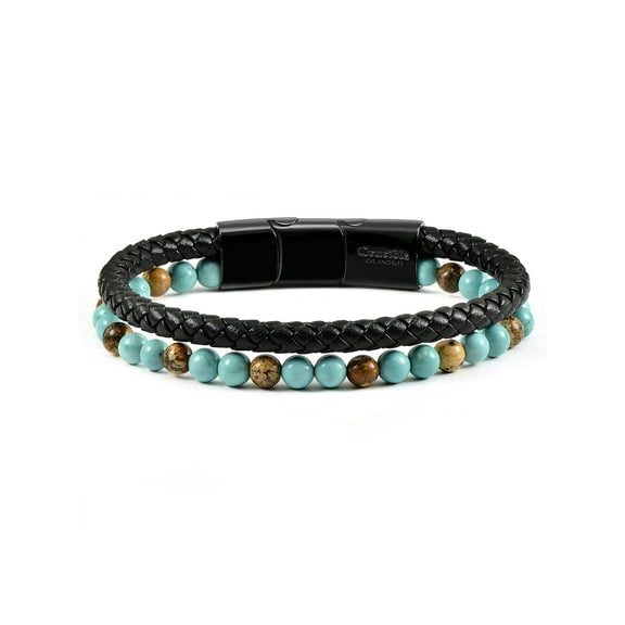 Crucible Jewelry Men's Turquoise and Picture Jasper Stone Beaded Leather Bracelet - 8.25" Extender