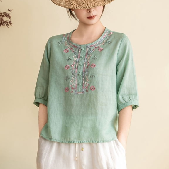 ClodeEU Women's Floral Embroidered Linen Blend Top,Casual Round Neck 3/4 Sleeve Blouse Green,Women's Plus L