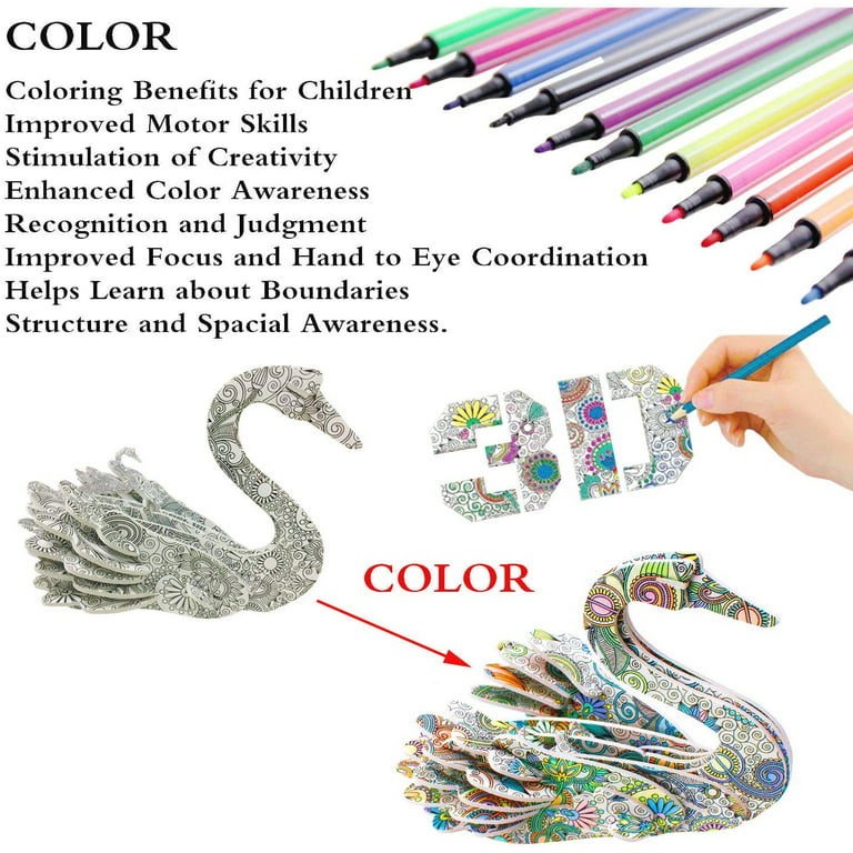 3D Coloring Puzzle Set,4 Animals Puzzles with 12 Pen Markers, Art Coloring  Painting 3D Puzzle for Kids Age 7 8 9 10 11 12. Fun Creative DIY Toys Gift  for Girls and Boy 