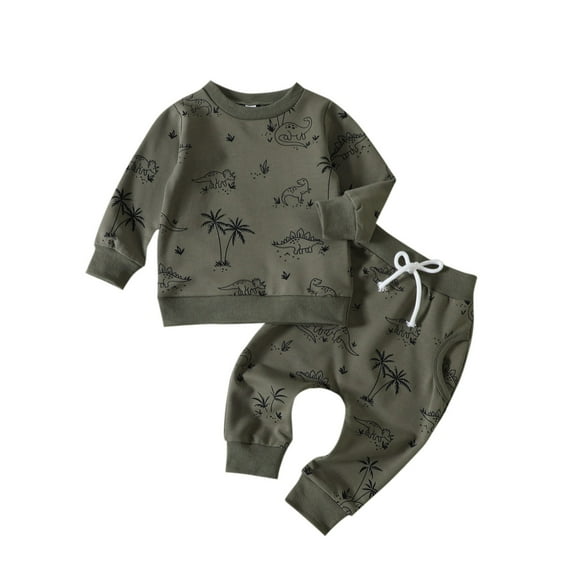 Odeerbi Infant Boys Fall Winter Outfits Dinosaur Sweatsuits Cotton Tracksuit Fashion Casual Printed Loose Long Sleeve Sweatshirt Sweatpants Set Infant Clothes Green