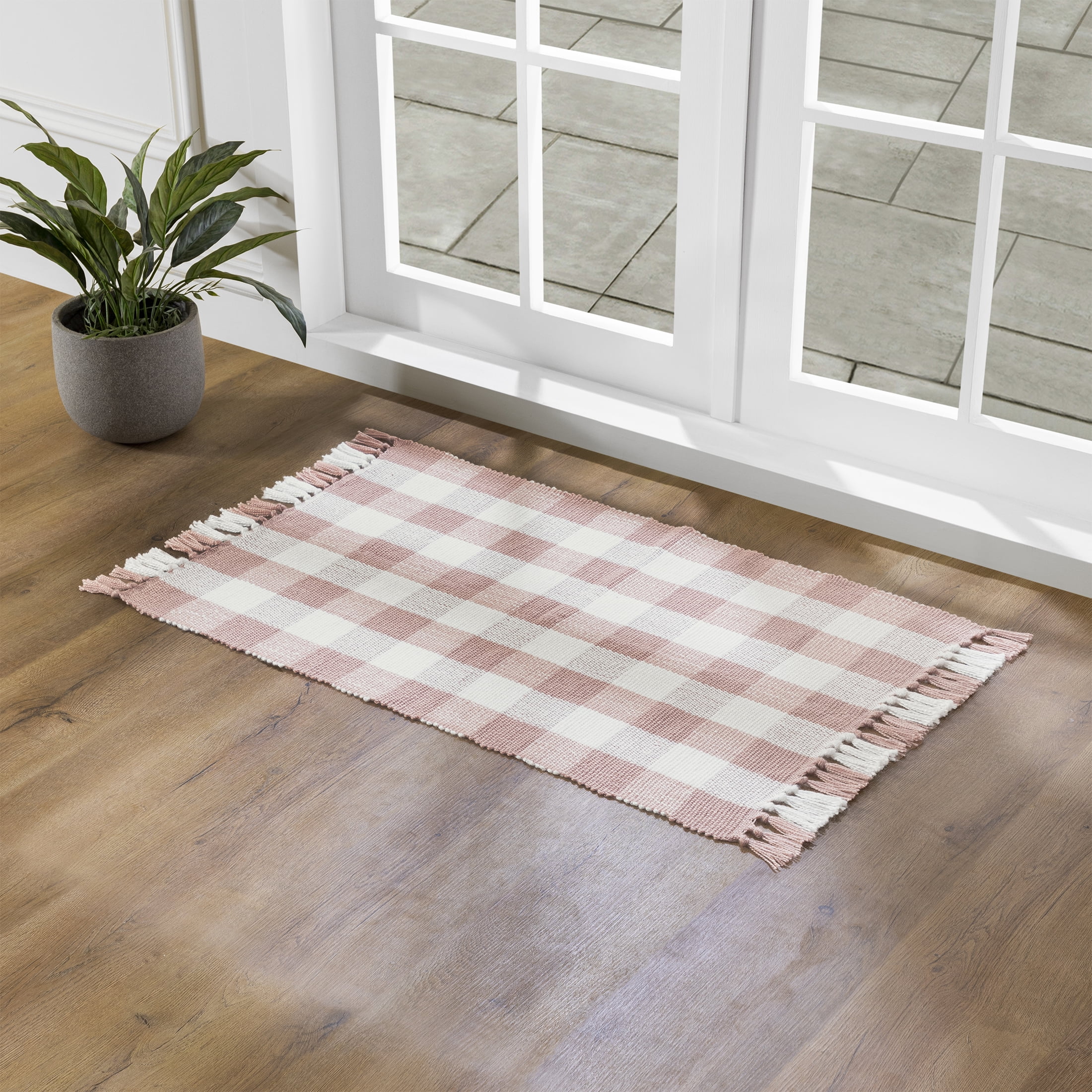 Gingham Fringe Valentine's Day Indoor/Outdoor Layering Rug, Pink and White, 24" x 38", by My Texas House