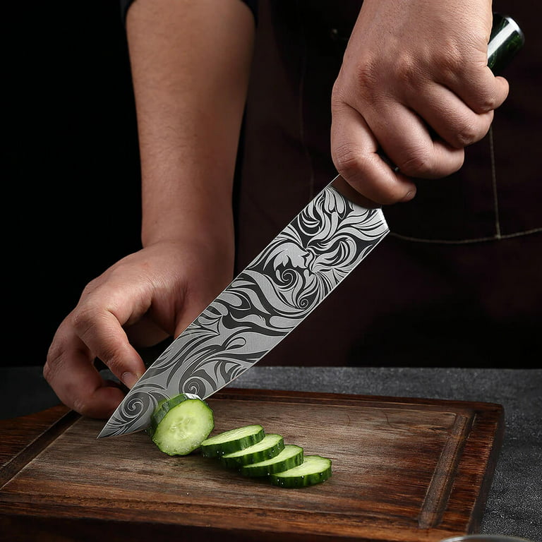 8-Piece Engraved Japanese Kitchen Knife Set with - Wasabi Collection - Chef's Knife, Paring Knife, Cleaver Knife & More, Green