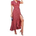 thumbnail image 1 of Women Short Sleeve Slit Dress Deep V-neck Ruffled Hem One-piece, 1 of 9