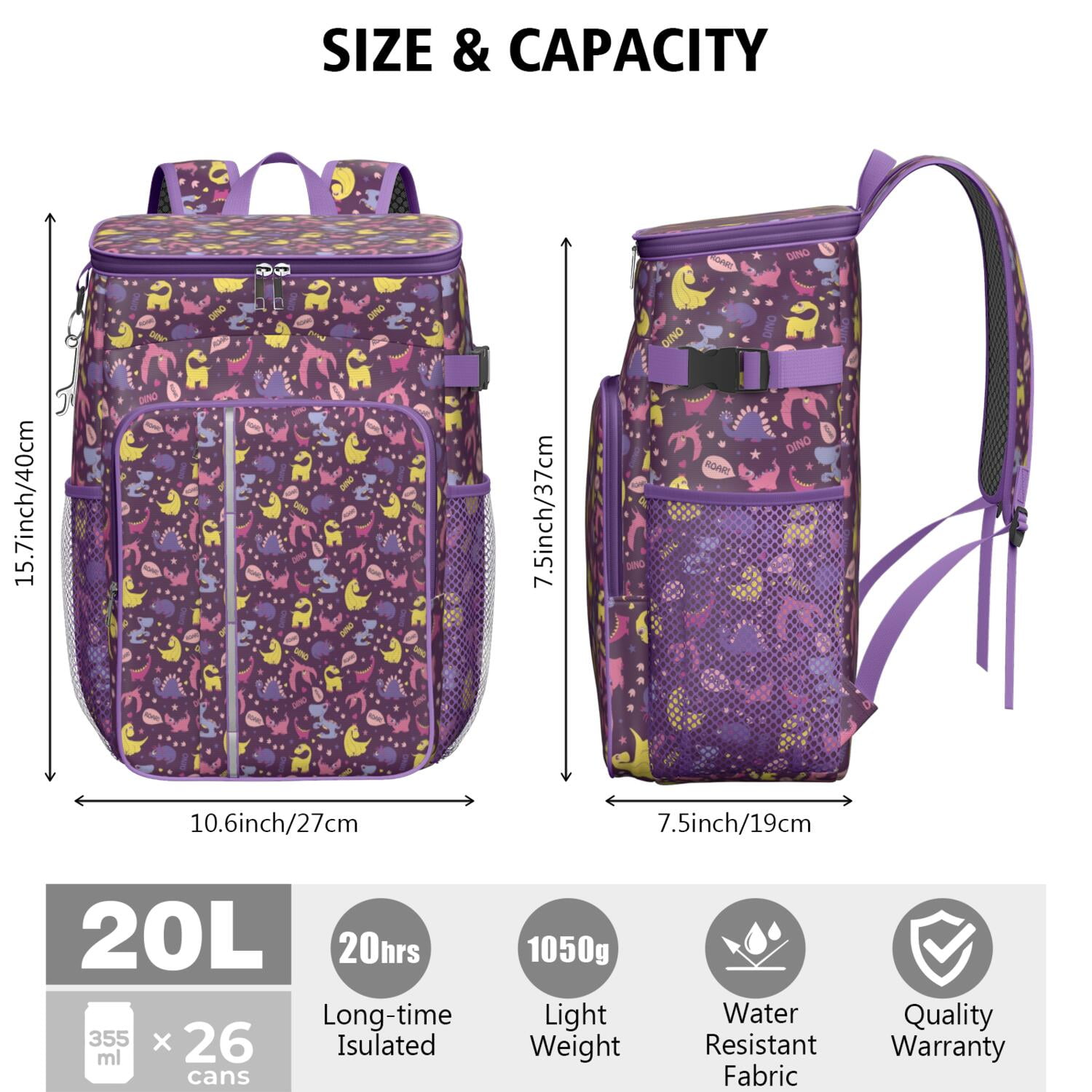 Travel Cooler Bag - Purple Dinosaurs Dino Roar Pattern Camping Beer Cooler Backpack with Bottle Opener- Waterproof Insulated Picnic Backpacks - Cooler Bag for Beach