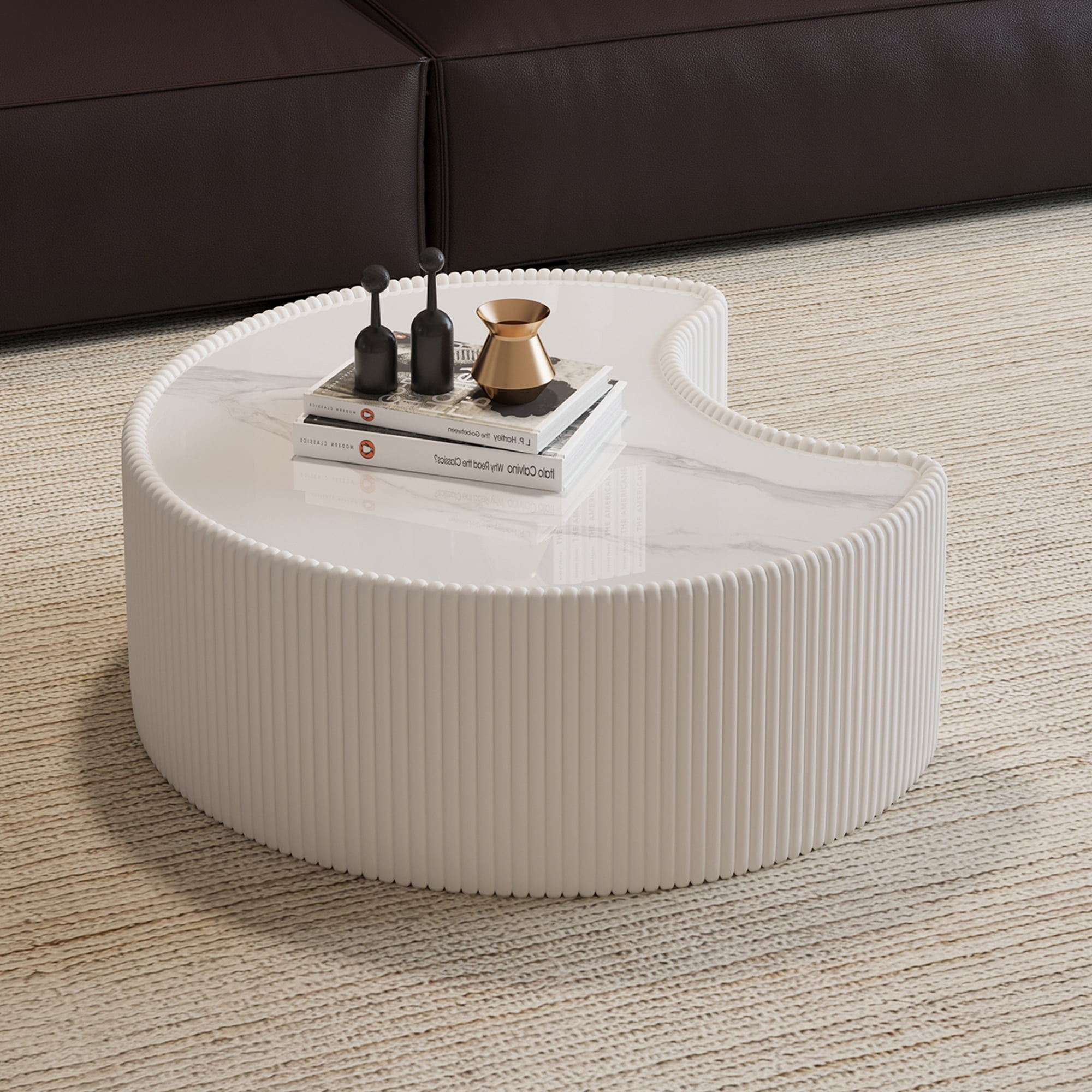Sintered Stone Coffee Table 29.53 Inch, Irregular Shape Leather Top for Living Room Office, Cream White