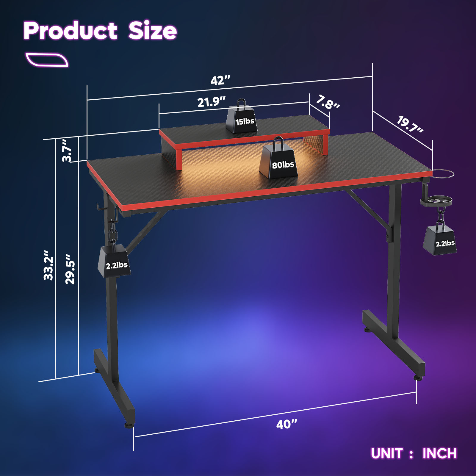 Bestier 42-Inch Gaming Desk with LED Lights and Monitor Stand, Red photo 2
