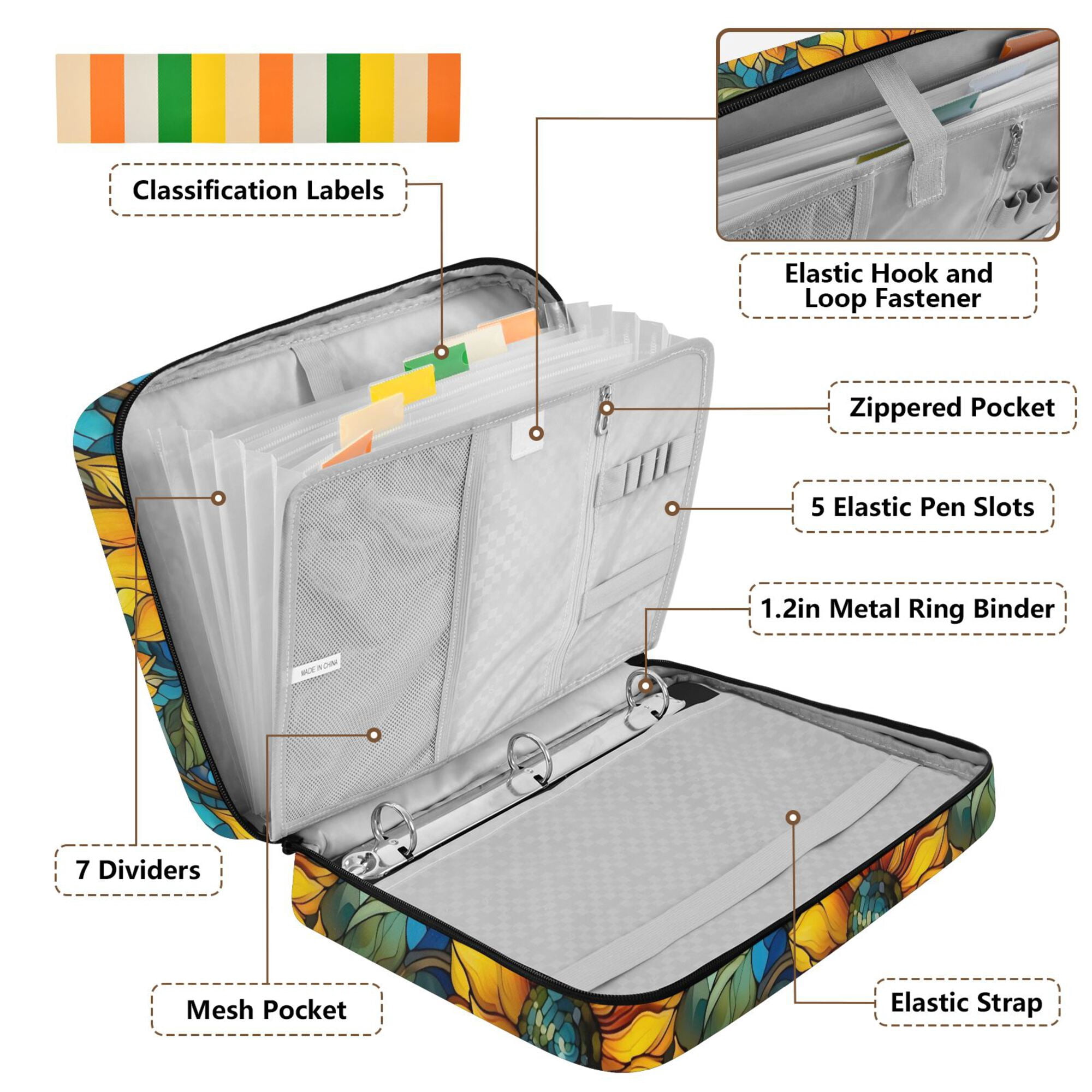 FORMRS Accordion File Folder A4 Size 7-Pocket Expanding Document Organizer Bag with 3 Ring Binder, Stained Glass Sunflowers Pattern