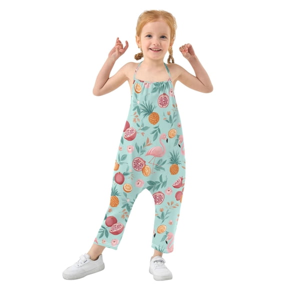 Girls' Jumpsuits Rompers Summer Casual Sleeveless Rompers With Pockets Spaghetti Strap Romper Flamingos and Pomegranates Pattern 1T