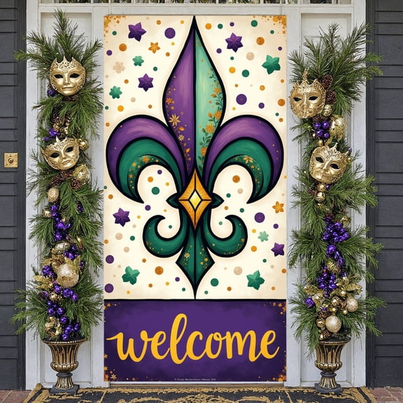 Colorful Polka Dots Mardi Gras Banner Gold Glitter Welcome Display Purple Green Gold Color Decorative Design Festival Backdrop for Mardi Gras Party Welcome Event Festival Celebration