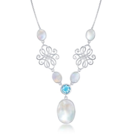 Beaux Bijoux Filigree Design with Mother of Pearl and Round Faceted Blue Topaz 17+2” Gemstone Necklace Jewelry for Women or Teens (Center Oval MOP)