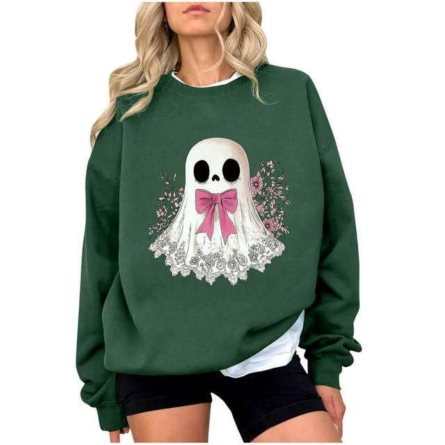 Chandail en Molleton Imprimé Fantôme pour Femmes Chandail Léger et Chaud Blouses Col Rond Manches Longues Ultra Doux Texturé Tenues de Printemps 2025 Chandail Automne Hiver Vêtements