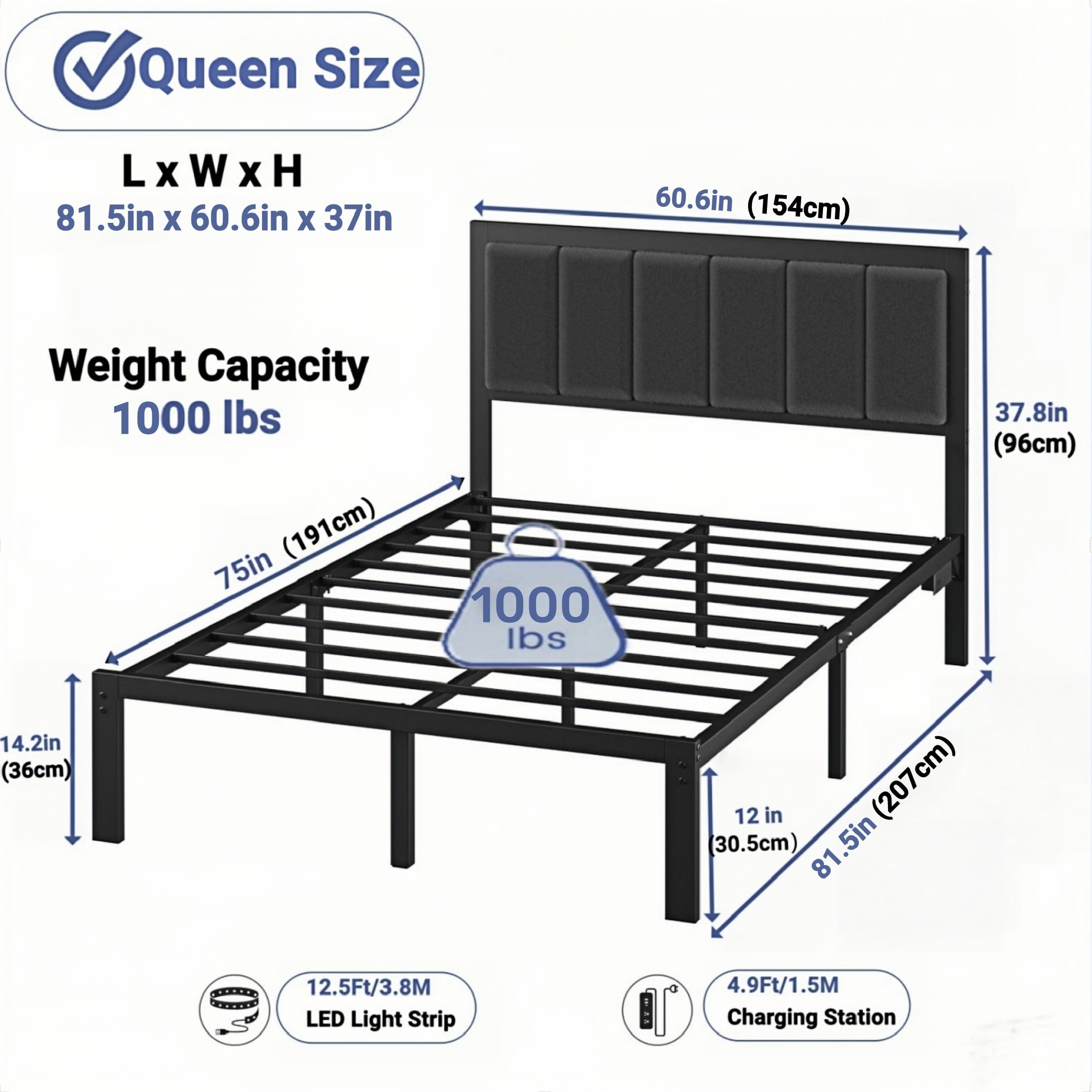 Haewon Queen Size Bed Frame with Upholstered Headboard, Metal Platform Bed Frame with USB Charging & LED Lights, Under-Bed Storage, No Box Spring Needed, Dark Grey