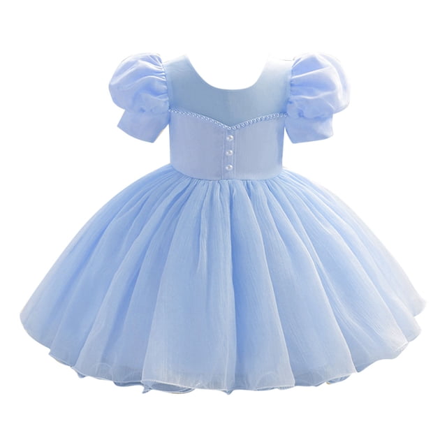 Robe de Princesse pour Filles, Robe de Fête d'Été à Manches Courtes, Col Rond, en Maille, Couleur Unie, avec Manches Bouffantes et Jupe Évasée, Bleu 80
