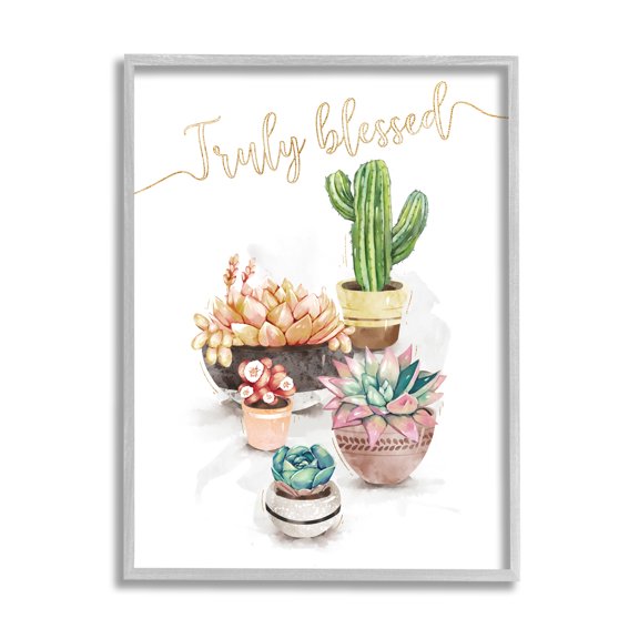 Stupell Industries Truly Blessed Expression Chic Succulent Cactus Plants Botanical & Floral Painting Gray Framed Art Print Wall Art, 16 x 20