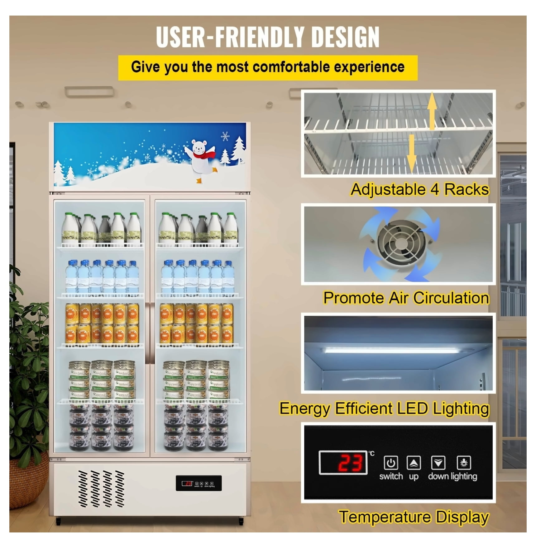 Commercial Refrigerator 23 cu.ft. Glass Door Display Fridge, Beverage Cooler for Store, Home, Office, Gym - LED Lit, Double Swing Door