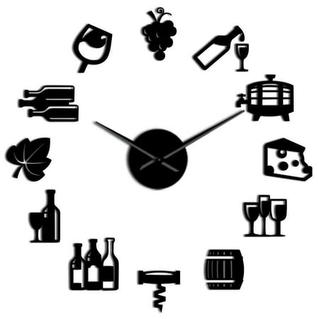 Grapes Wine Alcohol 3D DIY Wall Clock Quiet Sweep Wine lover Kitchen Wall Decor Acrylic Mirror Effect Clock Watch Creative Show(Black,27inch)