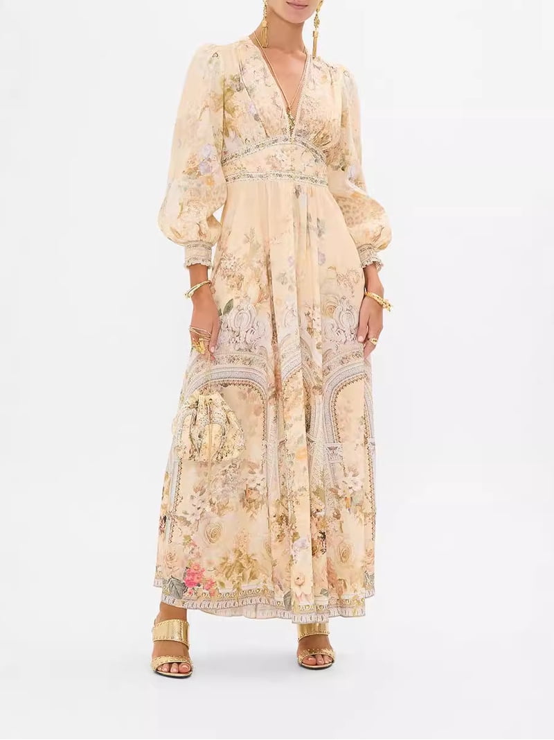 latest chiffon dress Solid Off-the-shoulder Lantern Sleeves Chiffon Long Dress