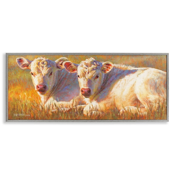 Stupell Industries Farmhouse White Cows Resting Grassland Gray Framed Giclee Art, 30 x 13, by Rita Kirkman