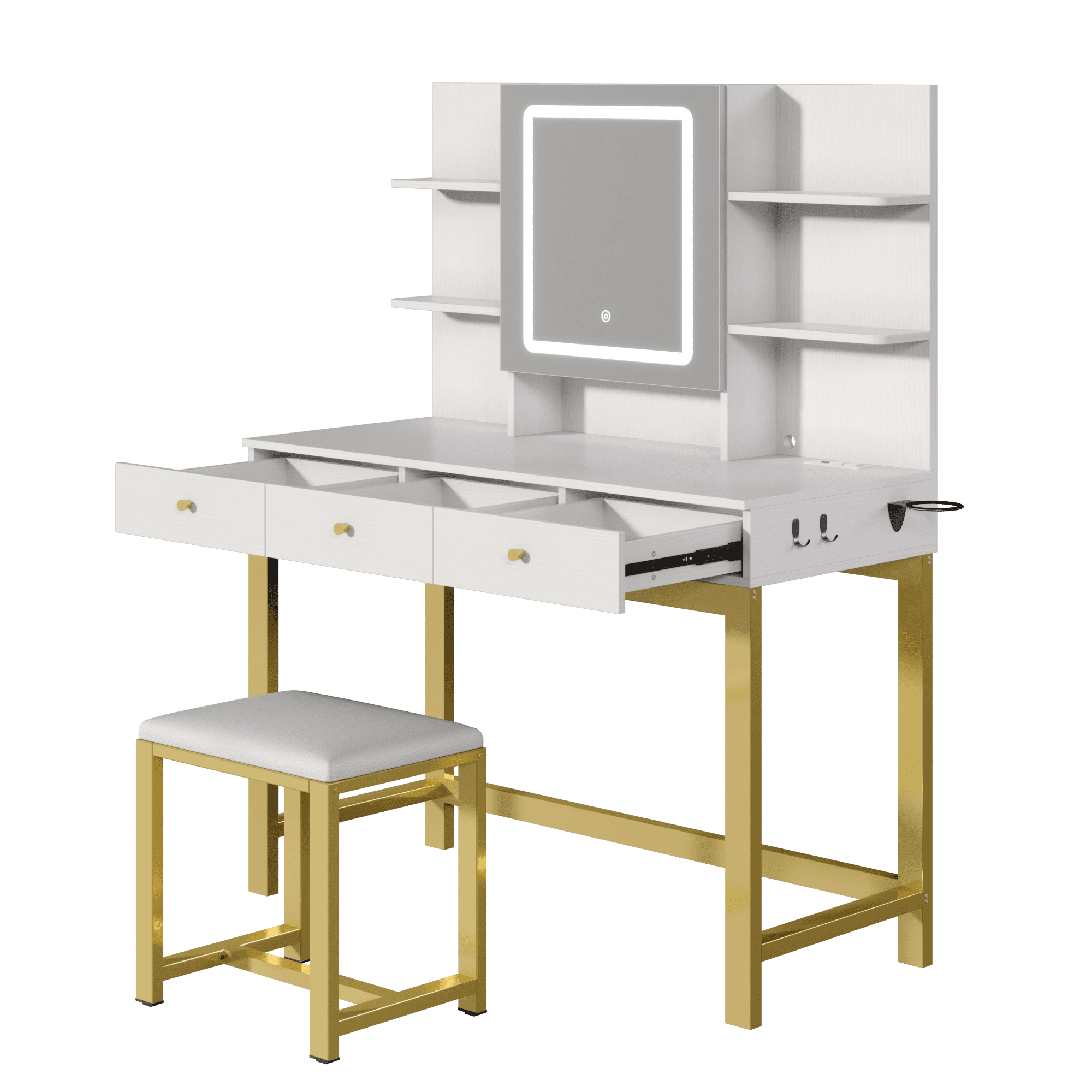 Uforic 39-Inch White Vanity Desk with Dimmable LED Mirror, Padded Stool, and Storage for Modern Bedrooms