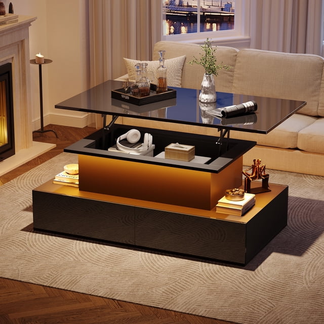 Noble House Lift Up Coffee Table,High-Gloss LED Lit Lifting Centre Table,Black