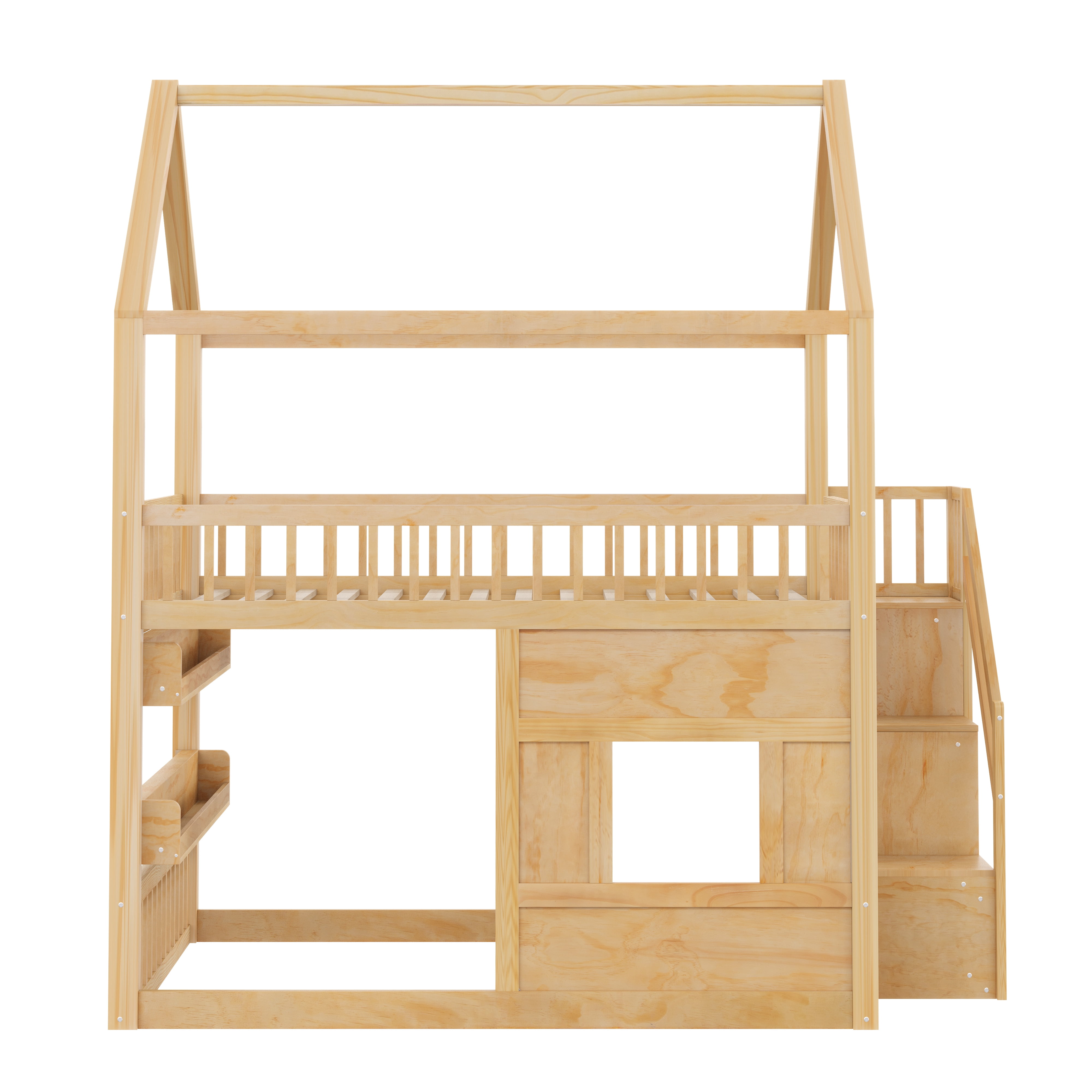 Euroco Wood Full over Full Bunk Bed with Staircase, House Bed with LED Light, Natural