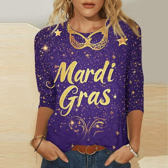 xixinqiwan Mardi Gras Shirt for Women,Women's Carnival Parade Street New Orleans T-Shirt Long Sleeve Mask Graphic Funny Tee