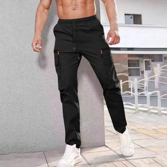 Yusimy Men's Cargo Pants Solid Color Elastic Waist Adjustable Drawstring Functional Pockets Casual Utility Style