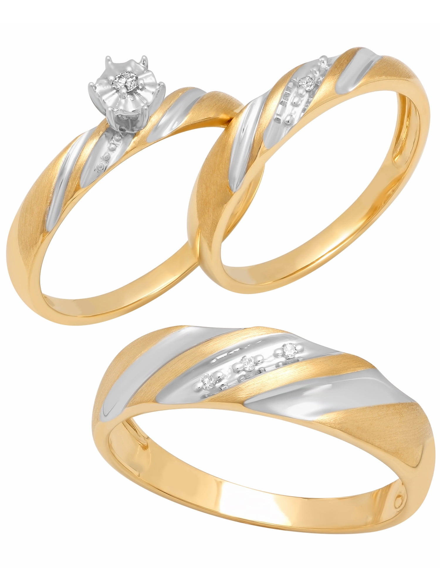 10k Yellow Gold Trio His Her Men Womens Diamond Rings Set Wedding Bridal Bands 