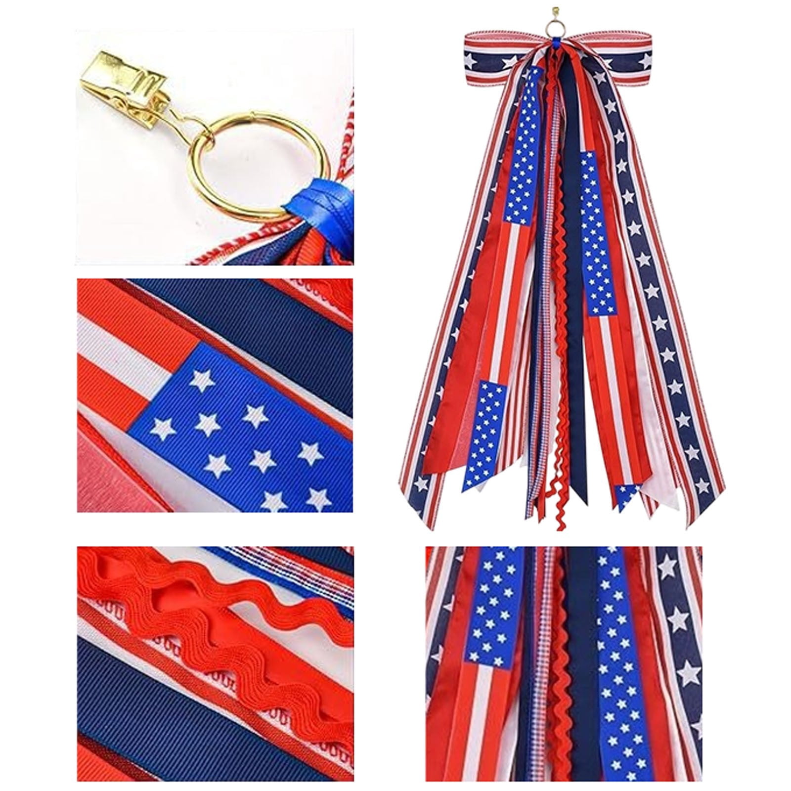 Patriotic Wreath Sash for Front Door with Star Charm, Assorted Ribbon Bundle Red White Blue, 4th of July Clip On Bow for Indoor Outdoor Memorial Day Independence Day Decor 2 Pcs